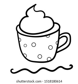 Coffee with foam in a polka dot mug. Coloring page, Coloring book. Contour. Doodle illustration. Symbol of celebration and comfort. New Year's and Christmas. Cozy Home. - Vector. 