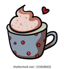 Coffee with foam in a polka dot mug. Sweetheart. Doodle illustration. Symbol of celebration and comfort. New Year's and Christmas. Cozy Home. - Vector. Vector illustration