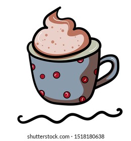Coffee with foam in a polka dot mug. Doodle illustration. Symbol of celebration and comfort. New Year's and Christmas. Cozy Home. - Vector. Vector illustration