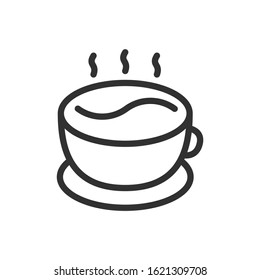 coffee foam in the shape of coffee beans, steam, saucer, linear icon. Editable stroke