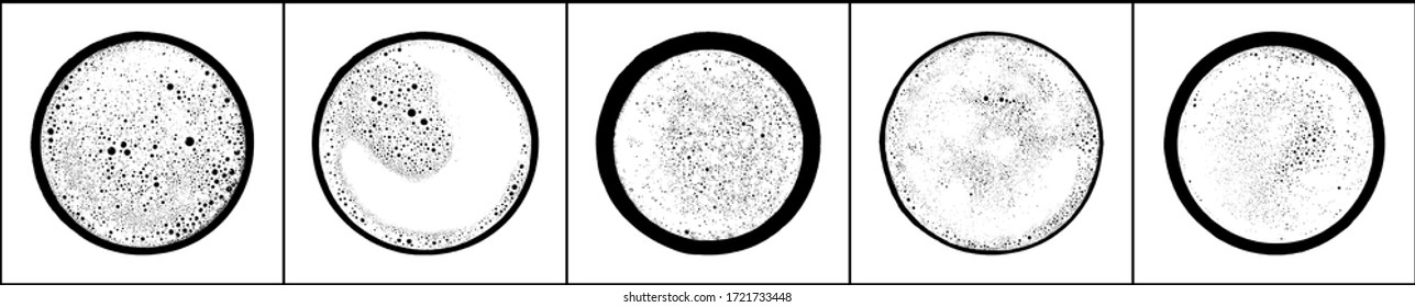 Kaffeeschaum Draufsicht. Satz von schwarzer Textur auf weißem Hintergrund. Einfarbige kreisförmige Hintergrund. Vektorgrafik, EPS10.