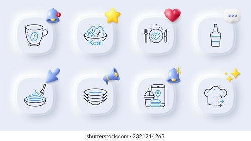 Coffee, Food app and Food delivery line icons. Buttons with 3d bell, chat speech, cursor. Pack of Scotch bottle, Salad, Pasta dish icon. Dishes, Romantic dinner pictogram. Vector