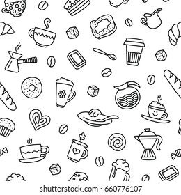 Coffee, Food, Bread, Cookie And Breakfast Vector Outline Seamless Pattern And Background