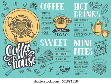 Coffee food menu for restaurant and cafe. Design template with hand-drawn graphic elements in doodle style.