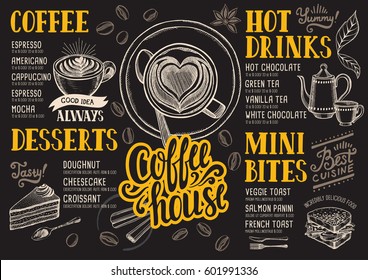 Coffee food menu for restaurant and cafe. Design template with hand-drawn graphic elements in doodle style.