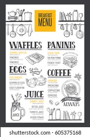 Menu de comida de café para restaurante e café. Modelo de design com elementos gráficos desenhados à mão em estilo doodle.