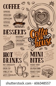 Coffee food menu for restaurant and cafe. Design template with hand-drawn graphic elements in doodle style.