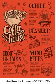 Coffee food menu for restaurant and cafe. Design template with hand-drawn graphic elements in doodle style.