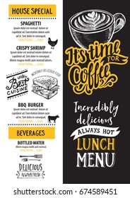 Coffee food menu for restaurant and cafe. Design template with hand-drawn graphic elements in doodle style.