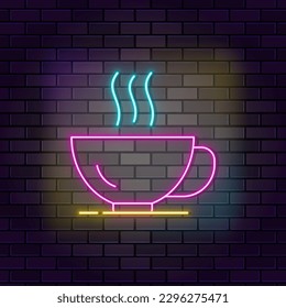 Coffee, food neon icon brick wall and dark background.