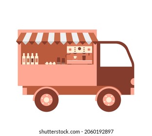 Coffee Food Truck, Cafe Shop On Street City. Van With Coffee Automate And Other Hot Beverage. Vector Illustration