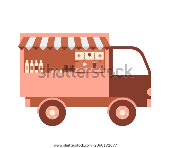 Coffee food\
truck, cafe shop on street city. Van with coffee automate and other\
hot beverage. Vector\
illustration