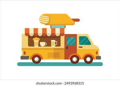 Coffee food truck cartoon vector art illustration.