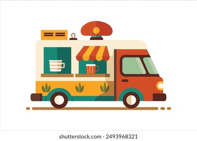 Coffee food truck cartoon vector art illustration.