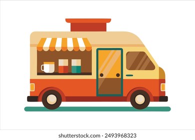 Coffee food truck cartoon vector art illustration.