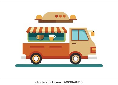 Coffee food truck cartoon vector art illustration.