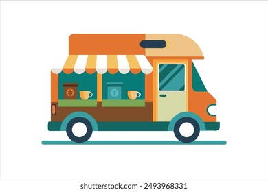 Coffee food truck cartoon vector art illustration.