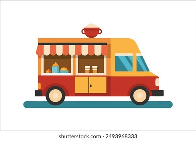 Coffee food truck cartoon vector art illustration.