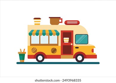 Coffee food truck cartoon vector art illustration.