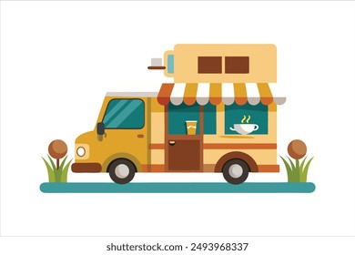 Coffee food truck cartoon vector art illustration.