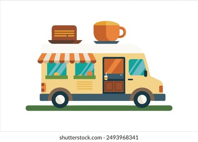 Coffee food truck cartoon vector art illustration.