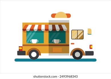 Coffee food truck cartoon vector art illustration.