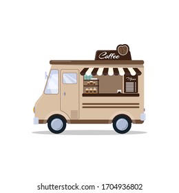 Coffee food truck isolated on white background. Fast food truck in cartoon style