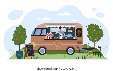 Coffee And Food Truck Vector Illustration. Cartoon Car Van With Street Cafe In Summer City Park Or Road, Barista Pouring Takeaway Hot Coffee Or Latte Cup, Small Mobile Trailer With Seller Background