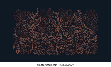 Coffee forest. Vector graphic pattern. Abstract branch, golden leaves, bean. Hand drawn background, tropical flora on black background. Organic aroma drink - Shutterstock ID 2080392079