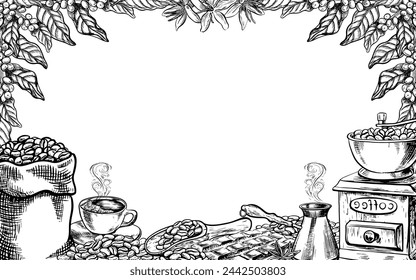 Coffee frame. An antique coffee grinder, a bag of beans and a cup of coffee. Vector black and white graphic illustration is hand-drawn. For, menus, postcards and packages. For banner, flyer and poster