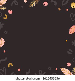 Coffee frame, template background made of doodles, abstract shapes, leaves and beans. Trendy handdrawn style, black backdrop, border with copy space for your text, good for coffee shop or cafe menu.