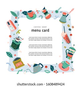 Coffee frame template, colorful vector illustrations of coffee tools and accessories. Vector background with copy space, good as menu page for coffee shop, bar . Blank space for your text or message. 