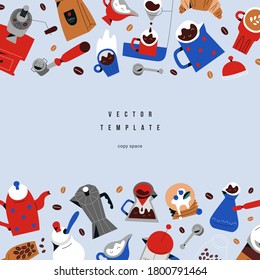 Coffee frame template with doodle illustrations of coffee shop objects, utensils, trendy fun cartoon style, copy space for text, good as menu cover design, brochure,banner or flyer