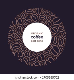 Coffee frame. Vector abstract bean in circle. Art line illustration, graphic pattern on black background. Vintage golden wreath. Aroma natural drink