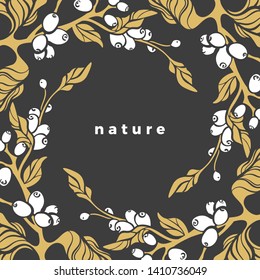 Coffee frame. Vector vintage border. Golden rich wreath. Art deco style. Nature bean, branch, leaves, berry. Elegant illustration Organic natural card, print. Royal card