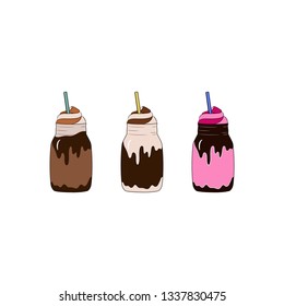 Coffee, frappe, cappuccino or chocolate drinks in jar vector illustration. Coffee with whipped cream.