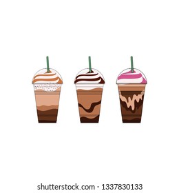 Coffee, frappe, cappuccino drinks in plastic cups vector illustration. Coffee with whipped cream in takeaway cup.