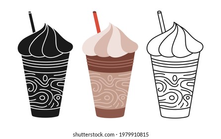 Coffee frappe cup cartoon set line icon, black glyph trendy style. Craft doodle flat cups to go. Drinks with foam, branding and cafe label design, disposable coffee paper cup icon. Vector illustration