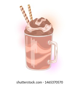 Coffee frappe dessert in glass cup with straws, chocolate and vanilla slices. Milkshake with cocoa topping whipped cream. Sweet cocktail, summer smoothie. Vector cartoon icon isolated on white.