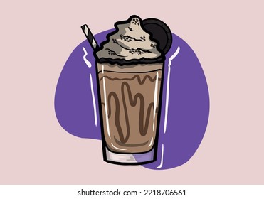 Coffee frappe in a glass vector isolated. Red straw in a tasty cold beverage. Delicious fresh drink with biscuite