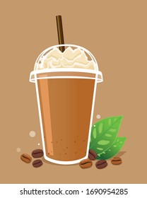 Coffee frappe with whipped cream in take a way cup and coffee beans.