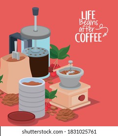 coffee french press jar grinder and bag design of drink caffeine breakfast and beverage theme Vector illustration