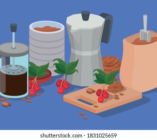 coffee french press jar moka pot and bag design of drink caffeine breakfast and beverage theme Vector illustration