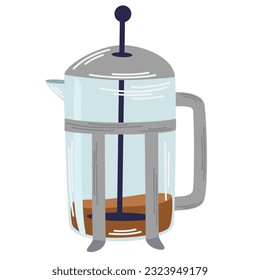 Coffee French press. Coffee maker icon, symbol, emblem for coffee shop, cafeteria, cafes. Hand drawn vector illustration in doodle style