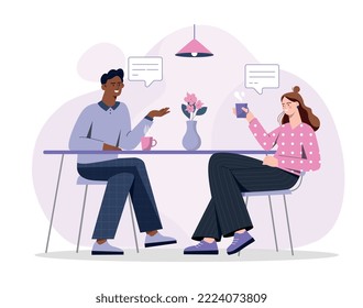 Coffee with friend. Man and woman with mugs of hot drinks in cafe or restaurant. Rest and leisure after work or study, romantic date. Poster or banner for website. Cartoon flat vector illustration