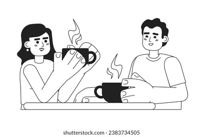 Coffee with friend monochromatic flat vector characters. Spending time. Drinking hot beverage. Editable thin line half body people on white. Simple bw cartoon spot image for web graphic design