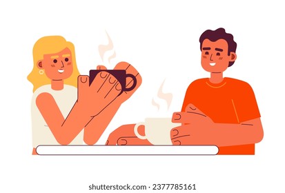 Coffee with friend semi flat color vector characters. Spending time together. Drinking hot beverage. Editable half body people on white. Simple cartoon spot illustration for web graphic design