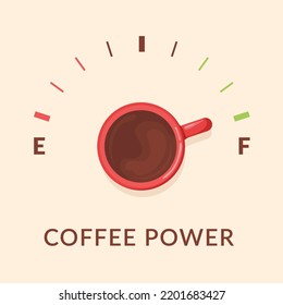 Coffee fuel. Caffeine refuel gauge concept, cup power gas meter cafe fuelin speedometer, idea powerful morning caffeinated booster, hot drink poster design vector illustration of power coffee energy