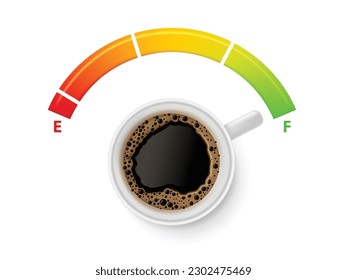 Coffee fuel. Espresso cup full of power, full energy level and gas gauge for caffeine lovers vector illustration. Colorful scale with indicator, dark aroma coffee, energy measurement