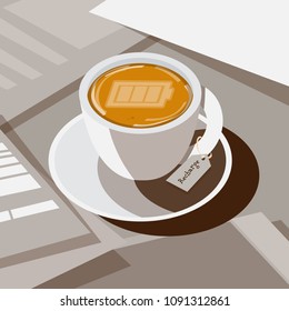 coffee with full battery as latte art on  top, recharge or refresh coffee concept - vector illustration